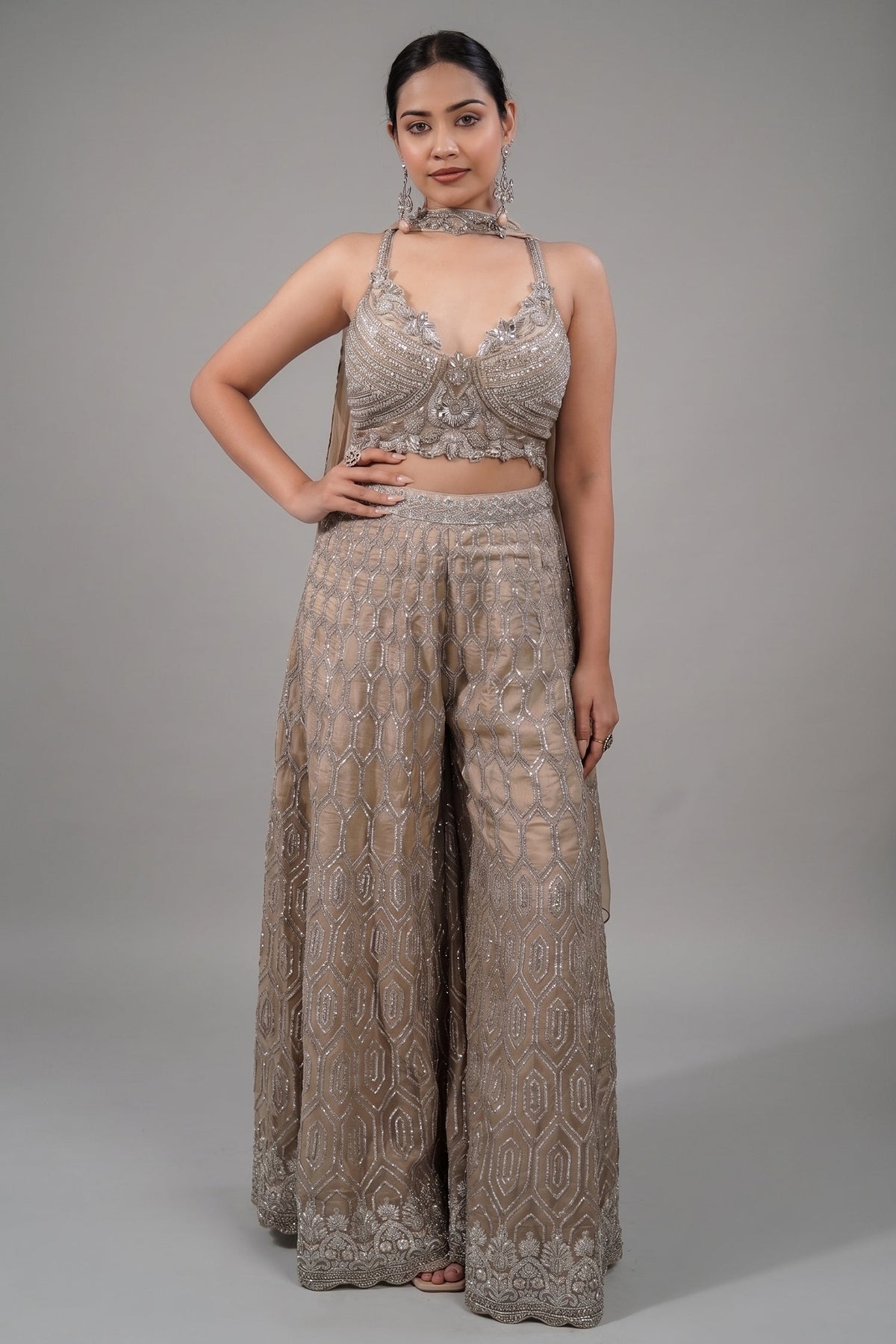 Champagne Beige Embellished Bustier with Sheer Organza Wide-Leg Pants and Sequined Border Dupatta