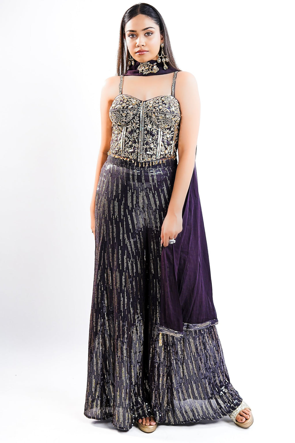 Deep Plum Georgette Fusion Set featuring Handcrafted Cutdana Bustier and Choker-Style Dupatta