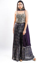Deep Plum Georgette Fusion Set featuring Handcrafted Cutdana Bustier and Choker-Style Dupatta