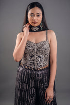 Deep Plum Georgette Fusion Set featuring Handcrafted Cutdana Bustier and Choker-Style Dupatta