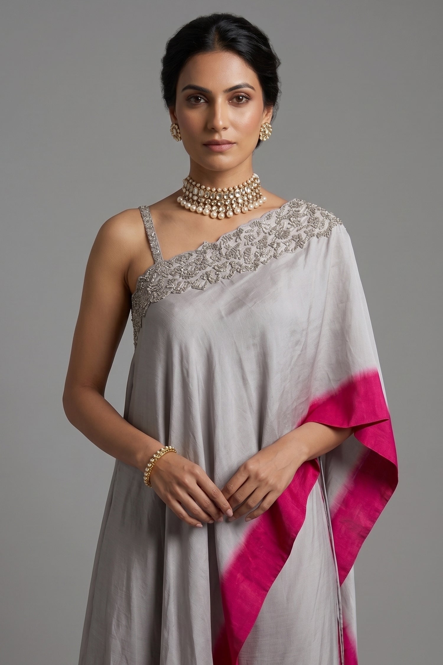 Asymmetrical One-Shoulder Tunic Set in Grey Crepe Silk featuring Pink Tie-Dye Hem and Cutdana Zardosi Secondary image
