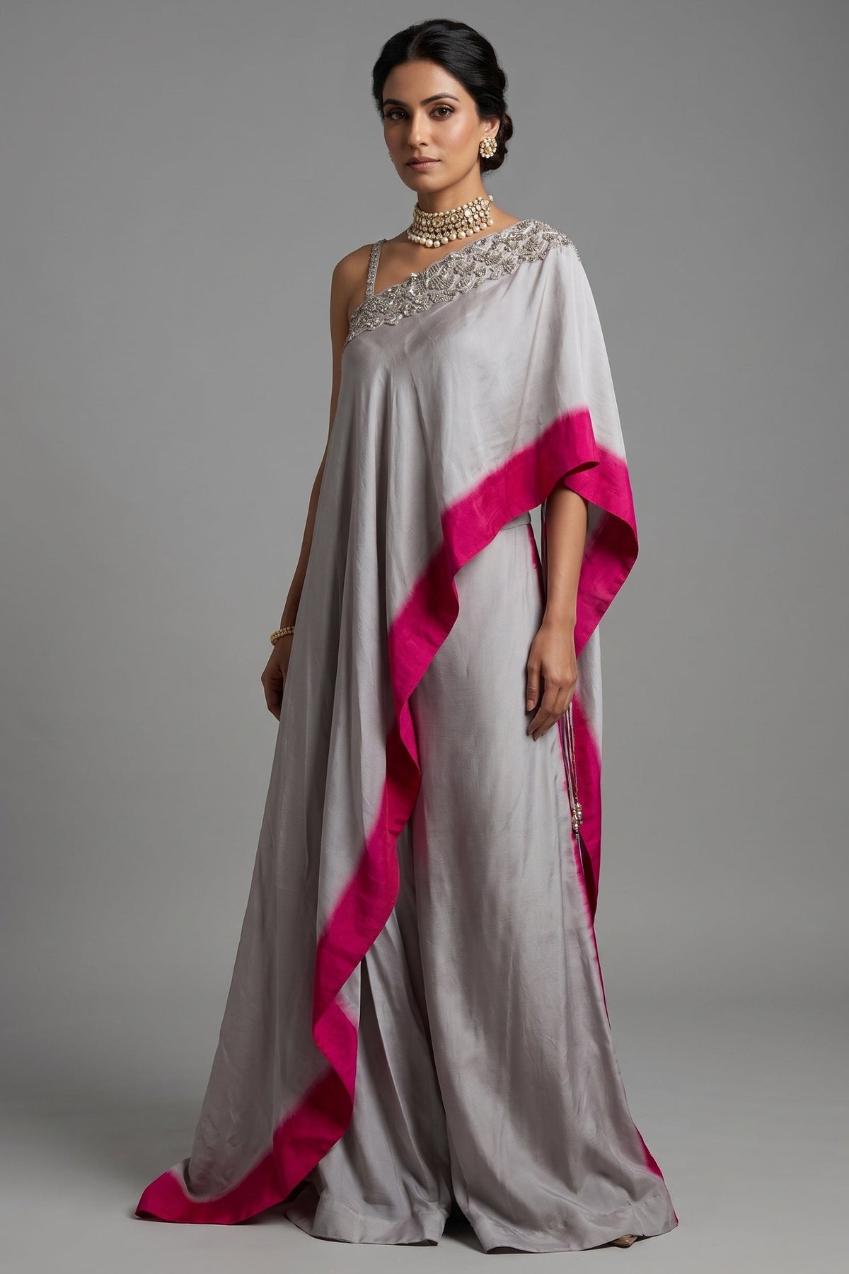 Asymmetrical One-Shoulder Tunic Set in Grey Crepe Silk featuring Pink Tie-Dye Hem and Cutdana Zardosi