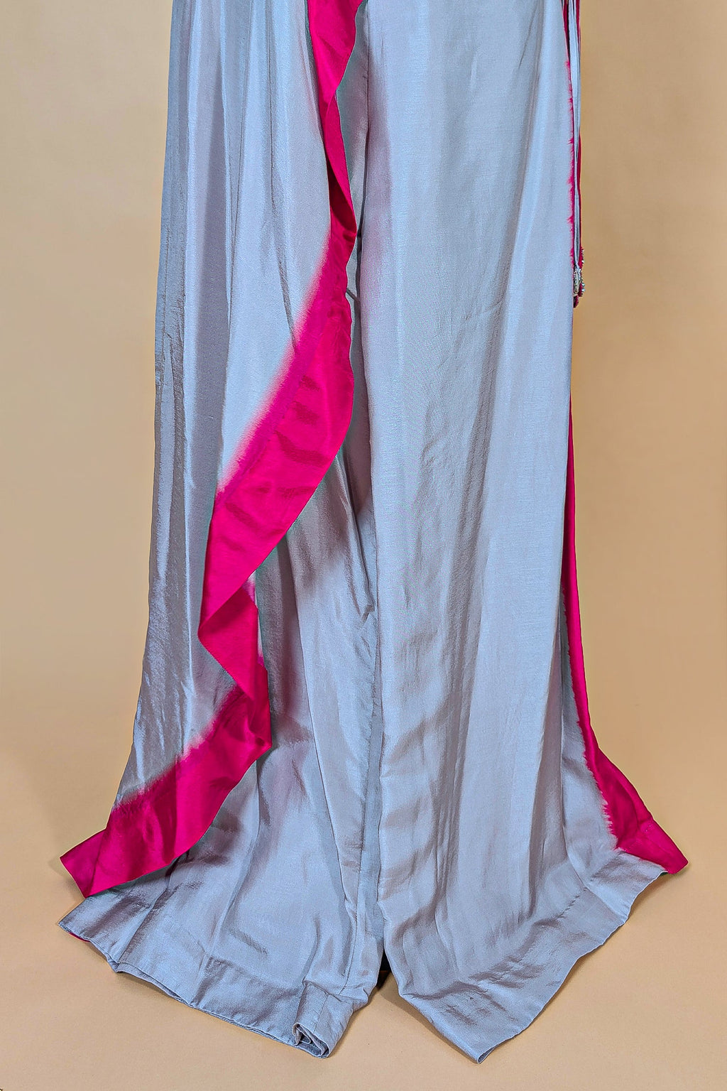 Asymmetrical One-Shoulder Tunic Set in Grey Crepe Silk featuring Pink Tie-Dye Hem and Cutdana Zardosi