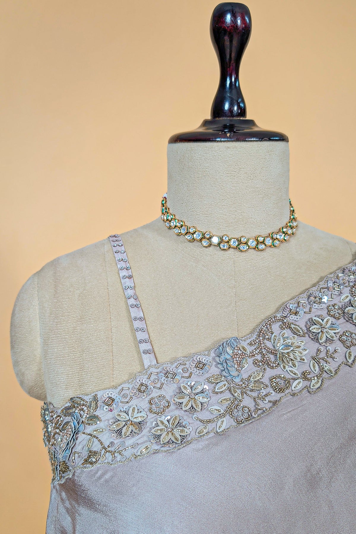 Asymmetrical One-Shoulder Tunic Set in Grey Crepe Silk featuring Pink Tie-Dye Hem and Cutdana Zardosi