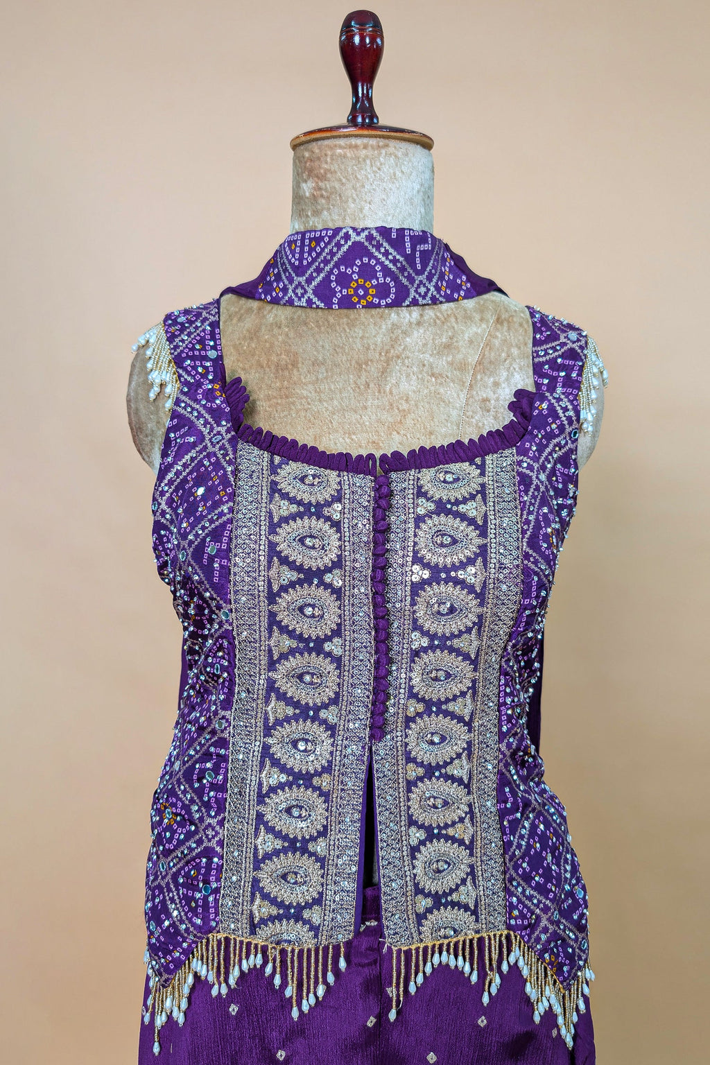 Purple Chinon Bandhej Printed Palazzo Suit with Sequin Embroidery Work