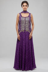 Purple Chinon Bandhej Printed Palazzo Suit with Sequin Embroidery Work