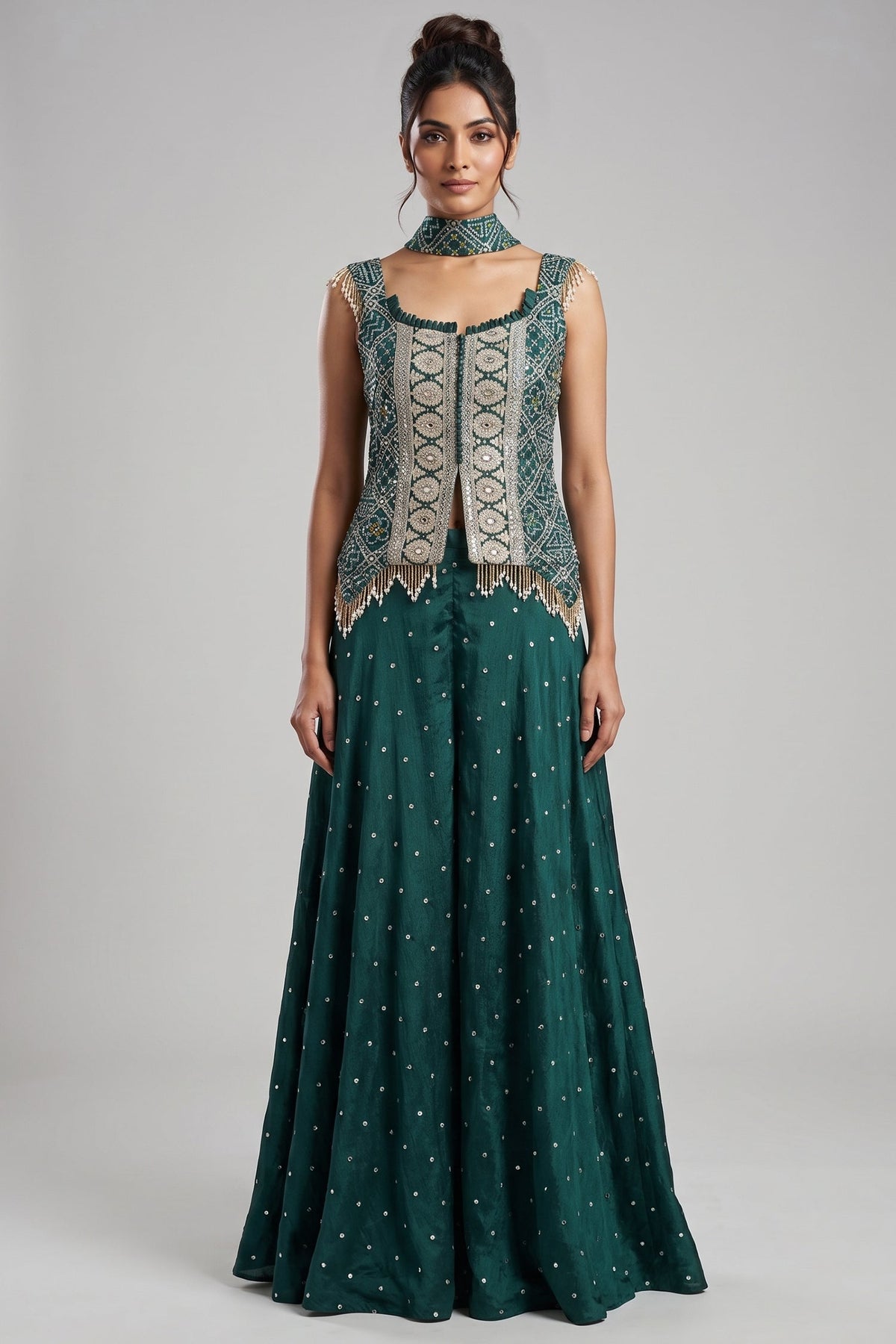 Green Chinon Bandhej Printed Palazzo Suit with Sequin Embroidery Work