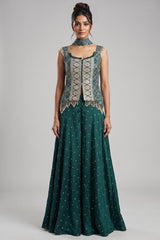 Green Chinon Bandhej Printed Palazzo Suit with Sequin Embroidery Work