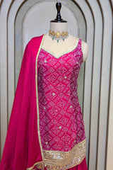 Rani Pink Chinon Silk Printed Palazzo Suit with Sequin Embroidery Work