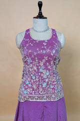 Lilac Purple Chinon Silk Embroidery Beaded Palazzo Suit