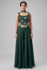 Dark Green Crepe Silk Woven Palazzo Suit with Cutdana Beaded Work