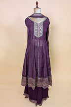 Wine Purple Organza Woven Slit Cut Palazzo Suit with Cutdana Work