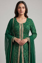 Dark Green Chiffon Georgette Bandhej Work Slit Cut Palazzo Suit