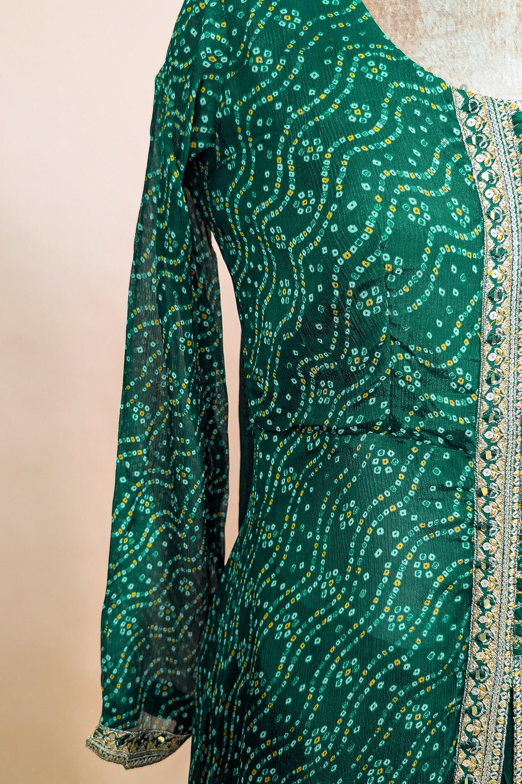 Dark Green Chiffon Georgette Bandhej Work Slit Cut Palazzo Suit