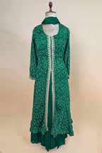 Dark Green Chiffon Georgette Bandhej Work Slit Cut Palazzo Suit