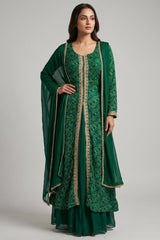 Dark Green Chiffon Georgette Bandhej Work Slit Cut Palazzo Suit