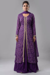 Purple Chiffon Georgette Bandhej Work Slit Cut Palazzo Suit