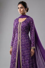 Purple Chiffon Georgette Bandhej Work Slit Cut Palazzo Suit