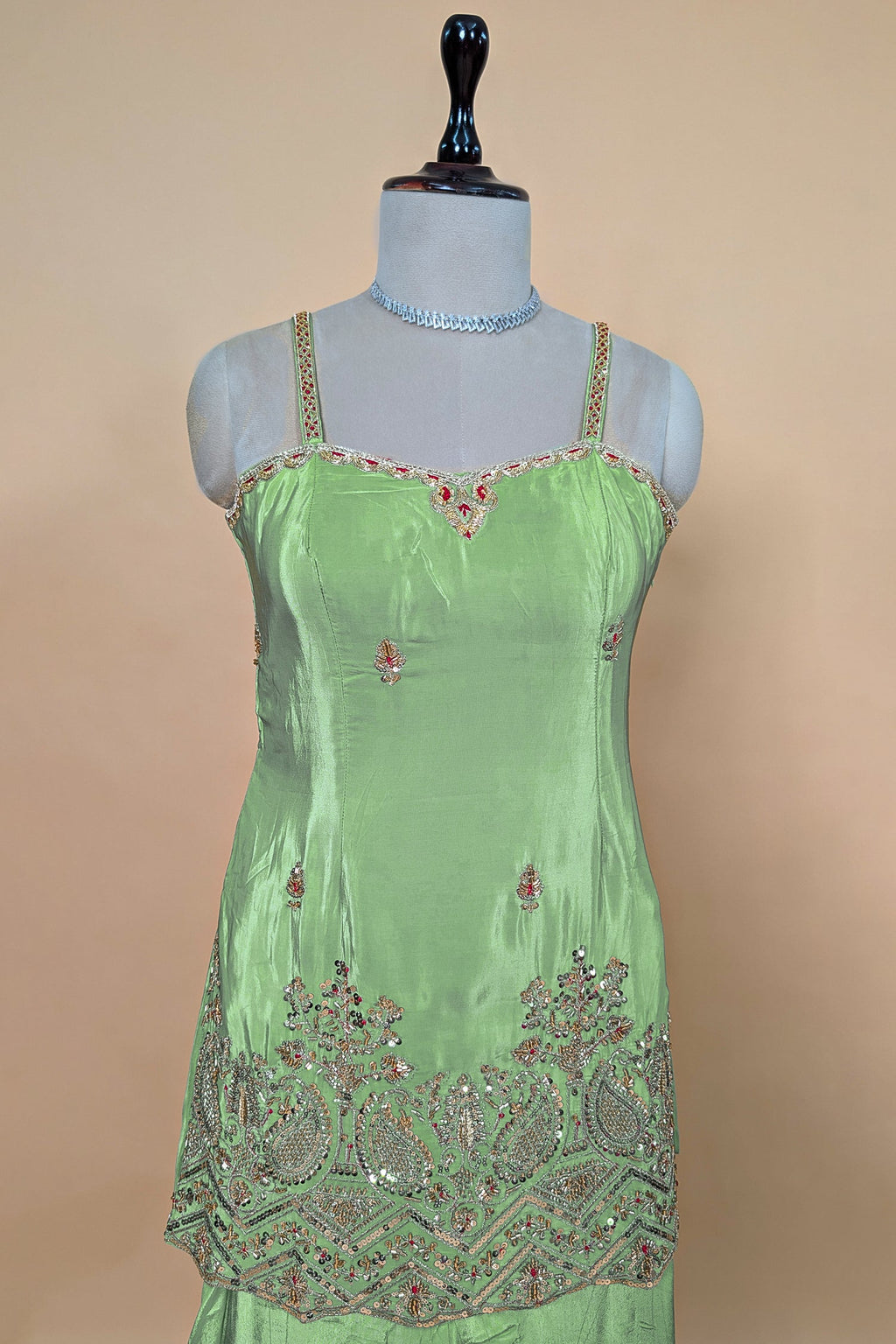 Mint Green Crepe Silk Sequin Cutdana Worked Palazzo Suit