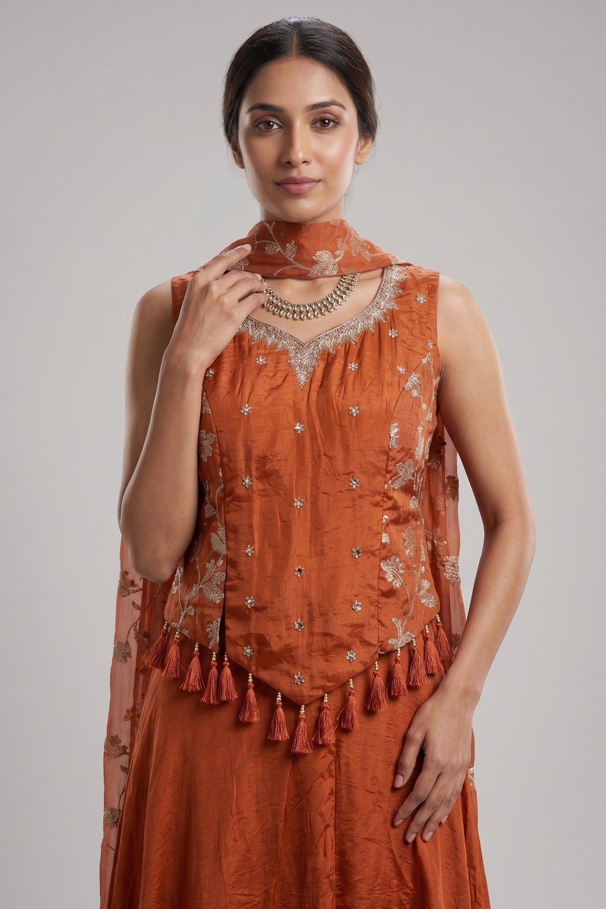 Orange Crepe Silk Woven Work Palazzo Suit with Cutdana and Diamond Work