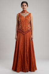 Orange Crepe Silk Woven Work Palazzo Suit with Cutdana and Diamond Work