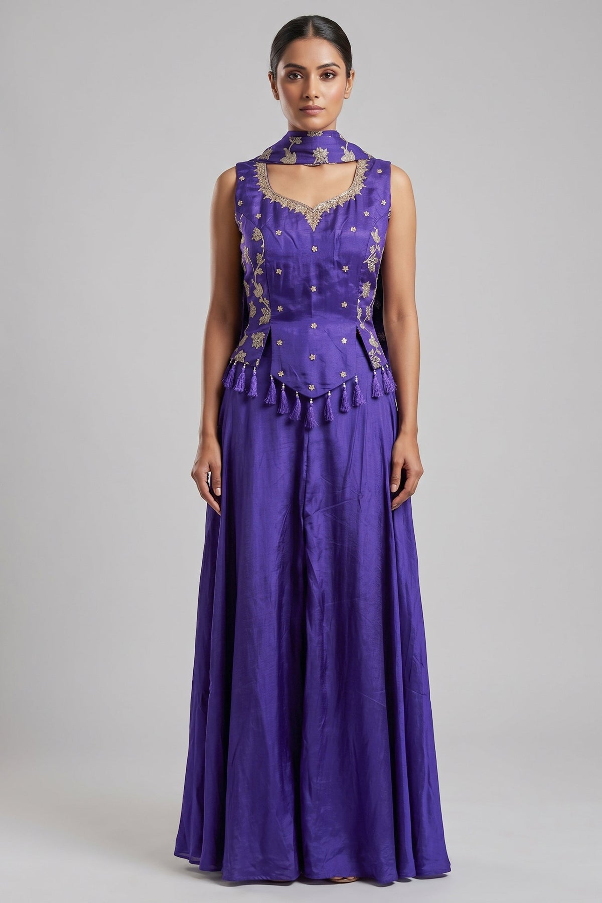 Purple Crepe Silk Woven Work Palazzo Suit with Cutdana and Diamond Work