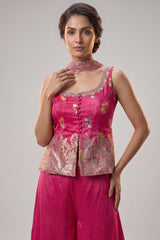 Rani Pink Chinon Silk Woven Palazzo Suit with Mirror Work