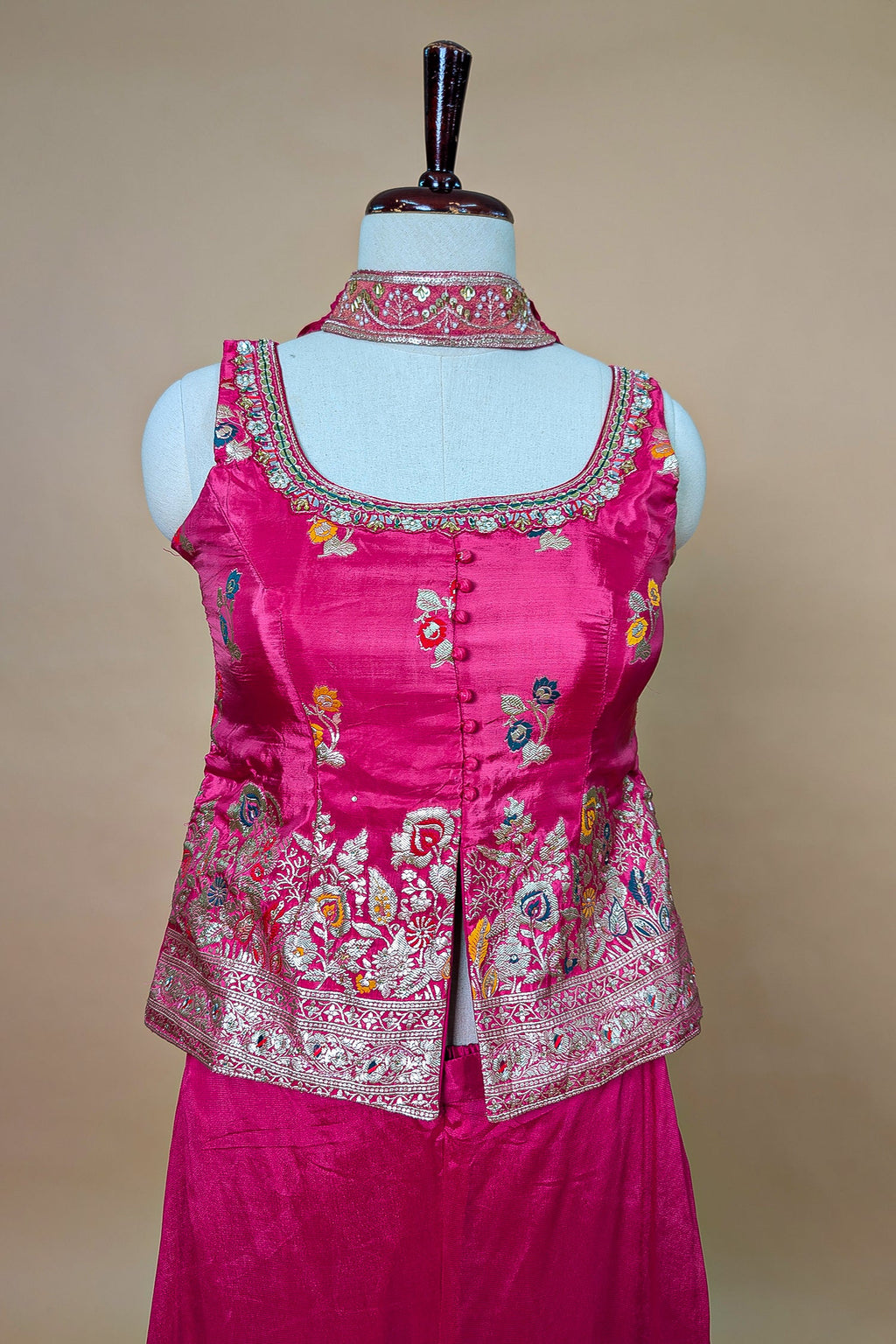 Rani Pink Chinon Silk Woven Palazzo Suit with Mirror Work