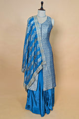 Blue Brocade Woven Slit Cut Palazzo Suit