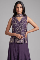 Dark Purple Chinon Silk Cutdana Sequin Worked Palazzo Suit