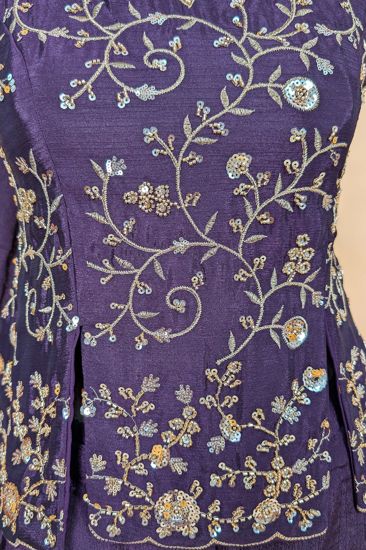 Dark Purple Chinon Silk Cutdana Sequin Worked Palazzo Suit