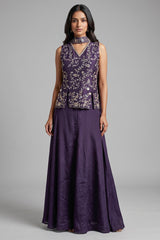 Dark Purple Chinon Silk Cutdana Sequin Worked Palazzo Suit