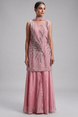 Pink Net Cutdana Sequin Worked Palazzo Suit