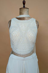 Pearl White Crepe Silk Cutdana Sequin Worked Crop Top Palazzo Set with Dupatta