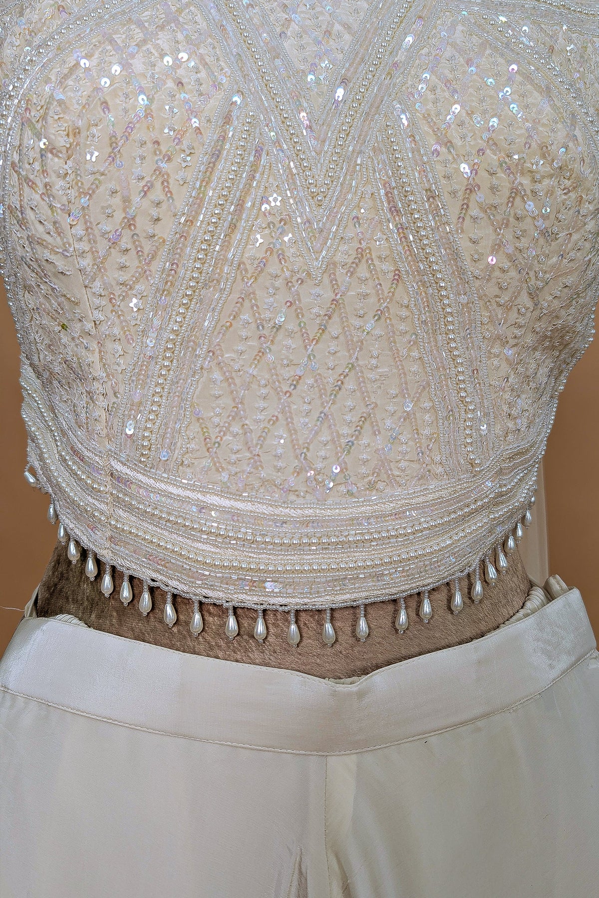 Pearl White Crepe Silk Cutdana Sequin Worked Crop Top Palazzo Set with Dupatta