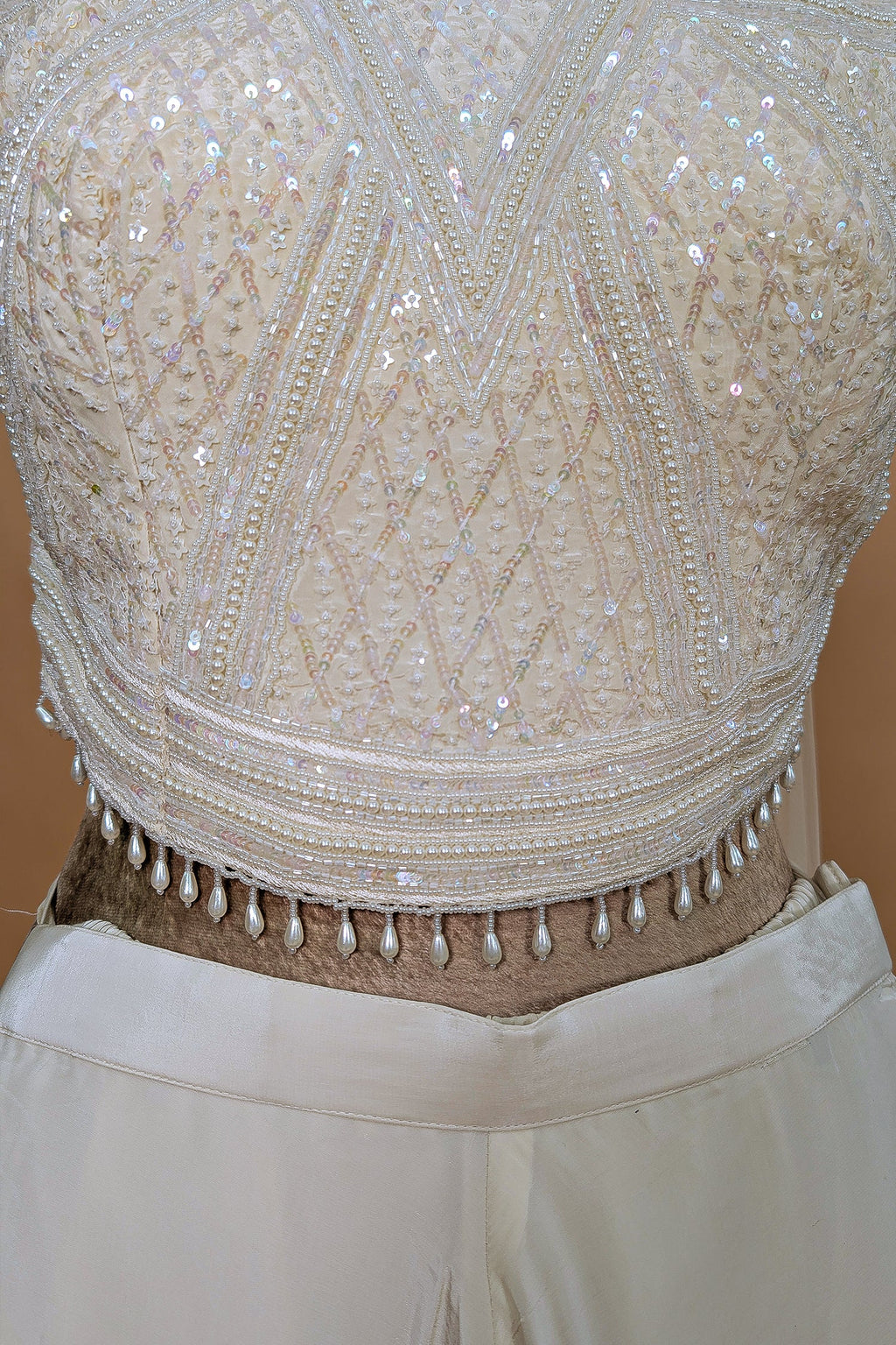 Pearl White Crepe Silk Cutdana Sequin Worked Crop Top Palazzo Set with Dupatta