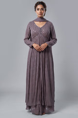 Mauve Georgette Sequin Worked Slit Cut Palazzo Suit