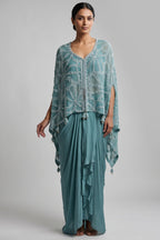 Persian Green Georgette Cutdana Beaded Work Asymmtrical Top and Dhoti Skirt Set