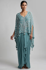 Persian Green Georgette Cutdana Beaded Work Asymmtrical Top and Dhoti Skirt Set