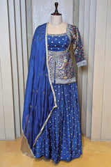 Blue Art Silk Floral Woven Palazzo Suit with Mirror Cutdana Work