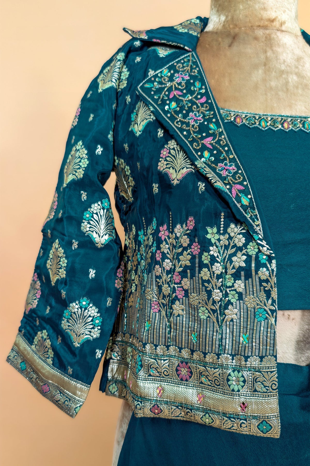 Teal Green Georgette Crop Top Palazzo Set with Woven Jacket