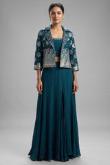 Teal Green Georgette Crop Top Palazzo Set with Woven Jacket