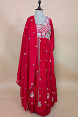 Rani Pink Chiffon Silk Floral Embroidered Slit Cut Lehenga Suit