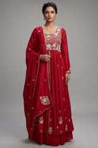 Rani Pink Chiffon Silk Floral Embroidered Slit Cut Lehenga Suit