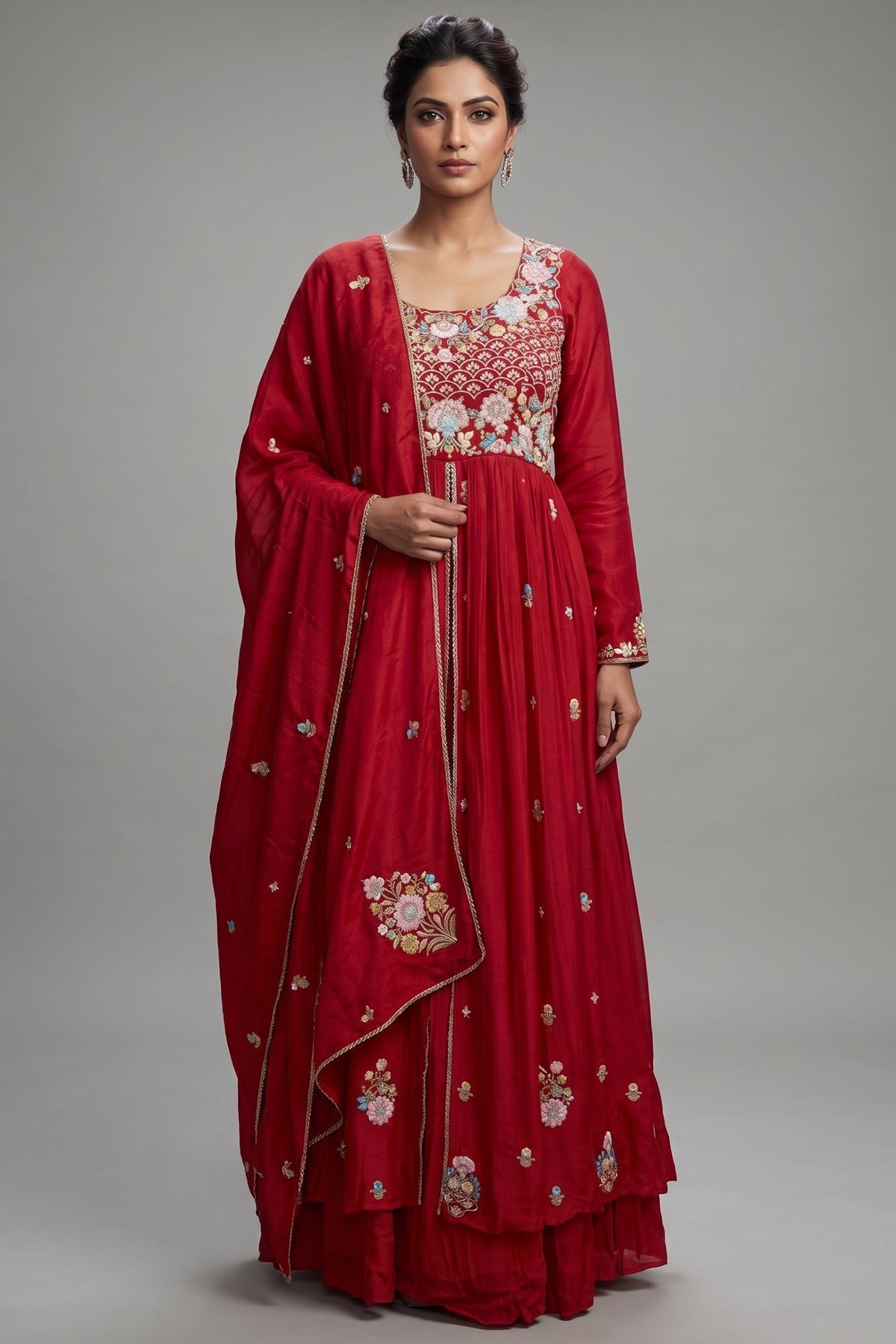 Rani Pink Chiffon Silk Floral Embroidered Slit Cut Lehenga Suit