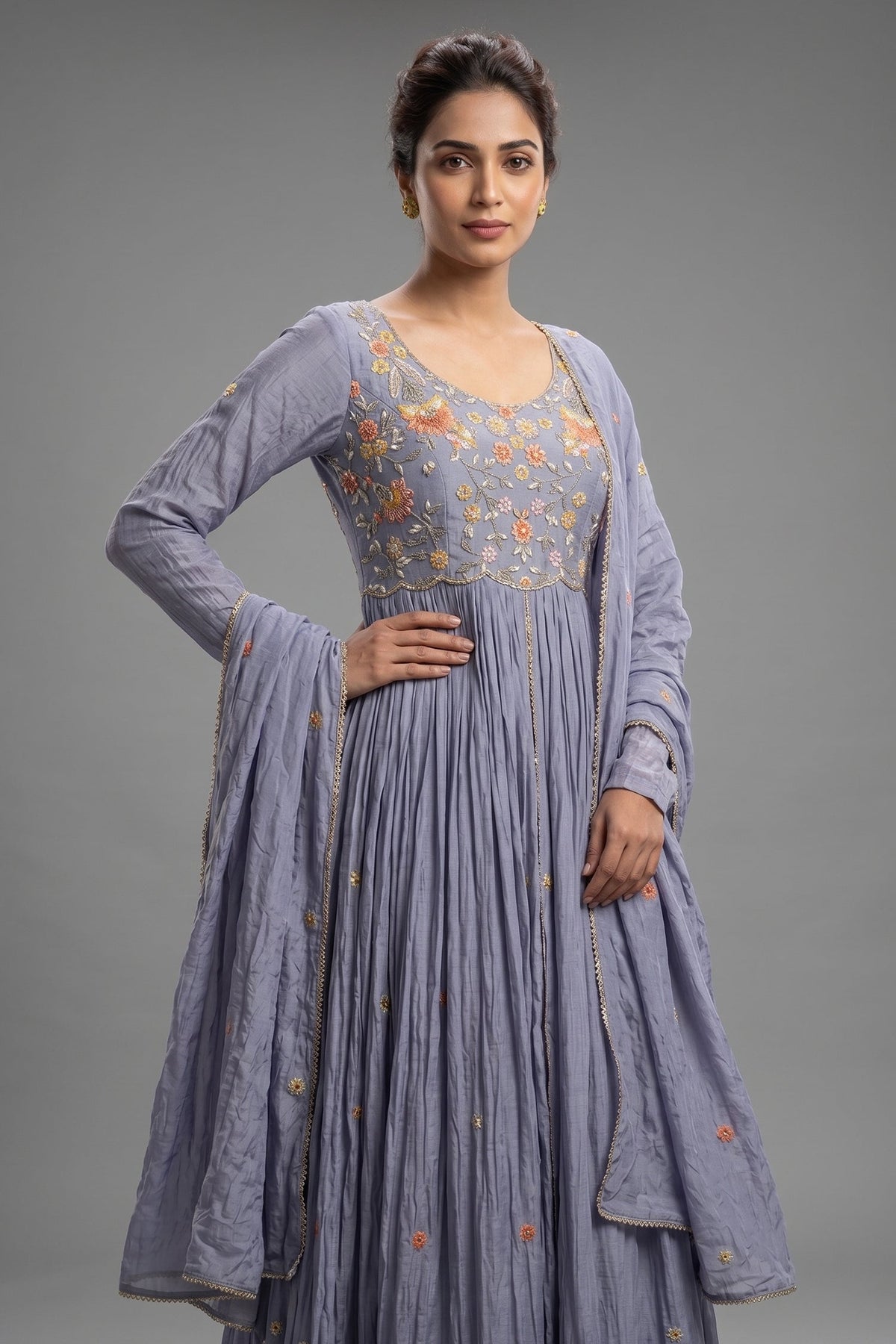 Light Blue Chiffon Silk Floral Embroidered Slit Cut Lehenga Suit