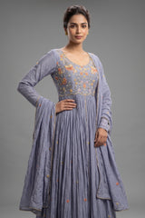 Light Blue Chiffon Silk Floral Embroidered Slit Cut Lehenga Suit