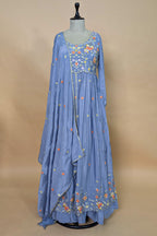 Light Blue Chiffon Silk Floral Embroidered Slit Cut Lehenga Suit