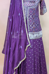 Wine Art Silk Bandhej Woven Slit Cut Lehenga Suit