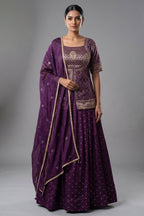 Wine Art Silk Bandhej Woven Slit Cut Lehenga Suit
